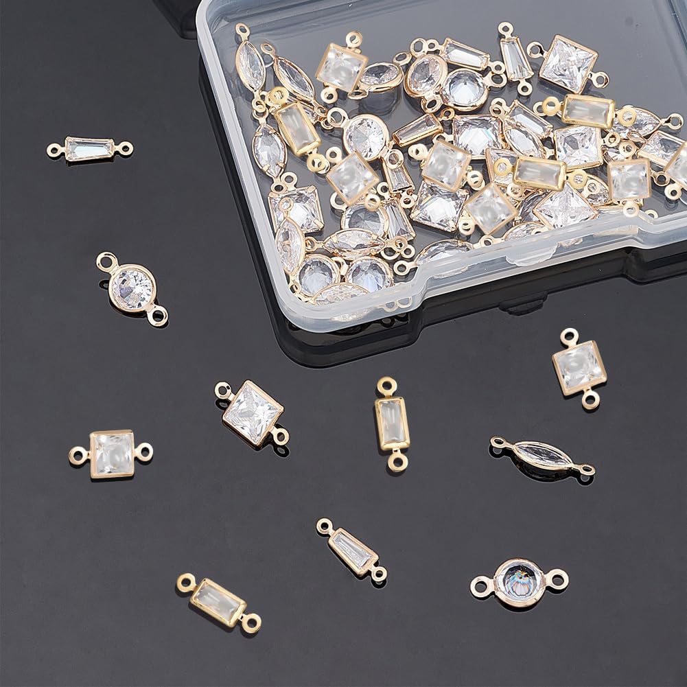 NBEADS 60 Pcs 6 Styles Cubic Zirconia Link Charm, Brass Micro Pave Charms Clear Cubic Zirconia Links, Horse Eye Square Rectangle Trapezoid Round Oval