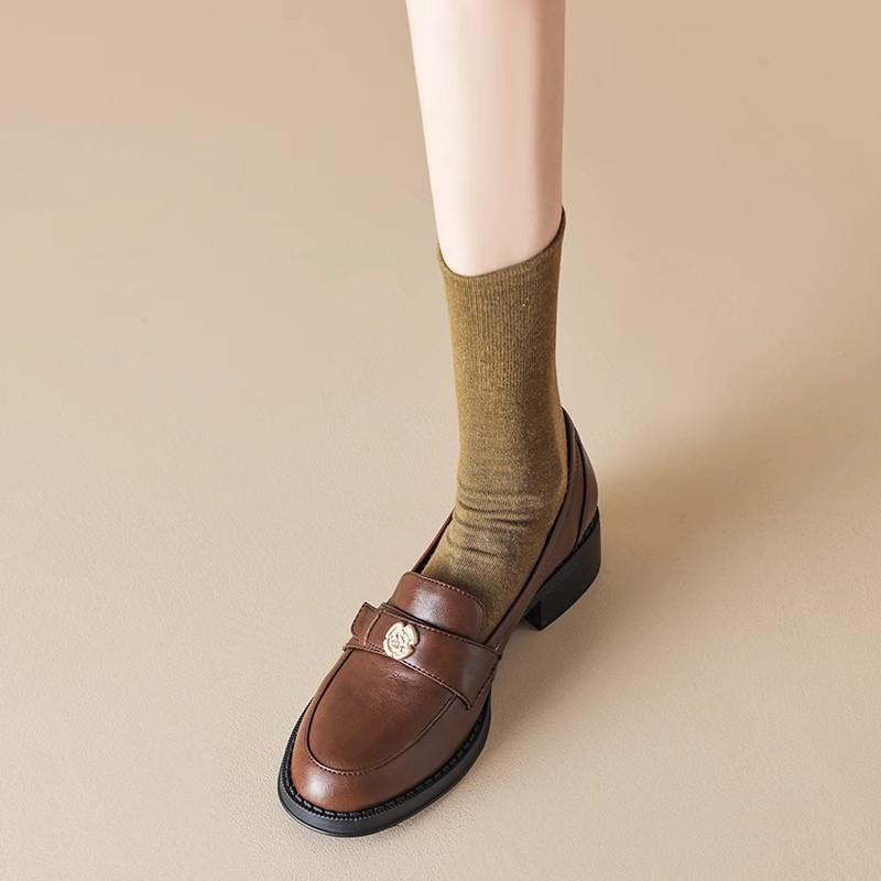 French retro British style thick heel loafers women's soft leather one-pedal camellia small leather shoes spring and autumn single shoes middle heel