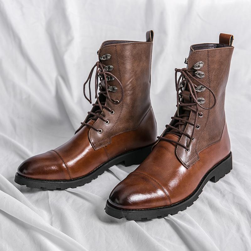 Men s Plus Size Leather Lace-up Motorcycle Boots - European & American Style Black Ankle Boots 40 коричневый