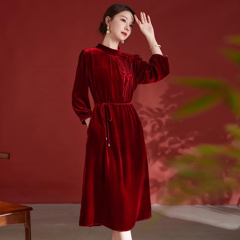 

Бархатное платье ципао с росписью тушью - Женский осенний вечерний стиль 2025 XL