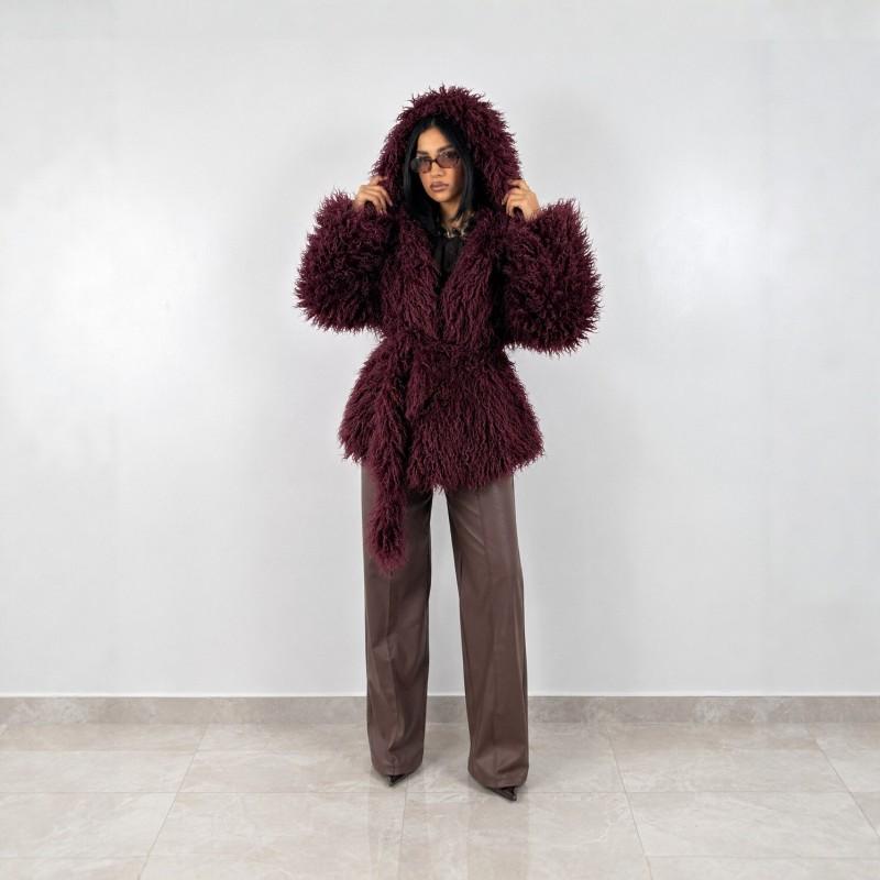 Womens Oversized Faux Fur Coat With Hood Longline Streetwear Winter Jacket In Beige Chocolate Wine Red