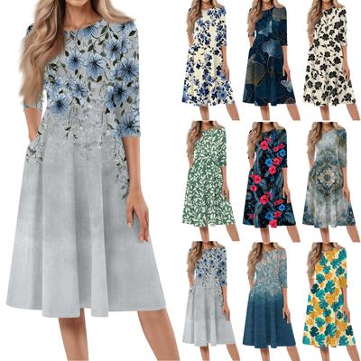 Women's Casual Fashion Round Neck Three Quarter Sleeve Printed Midi Dress