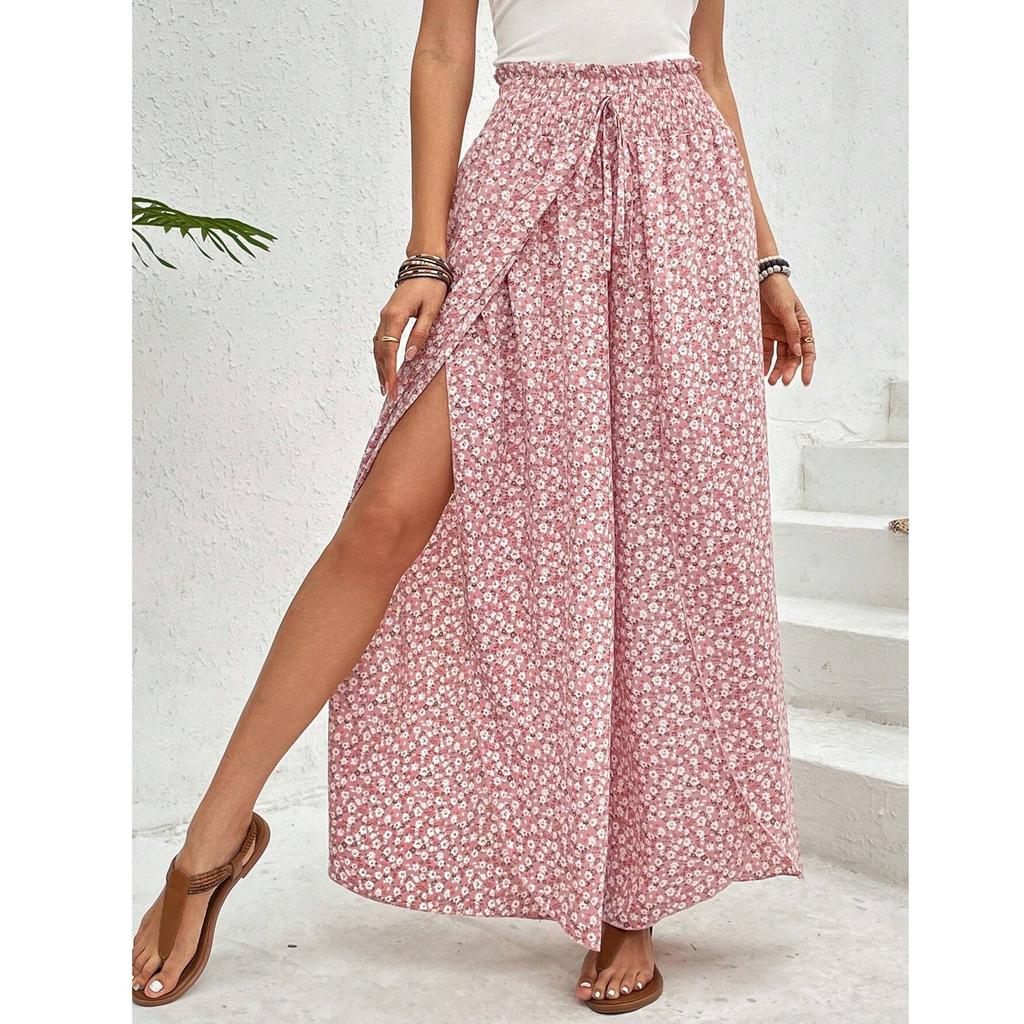 Damen Palazzo Hose Floral Weitbein Hose Sommer Strand High Pants