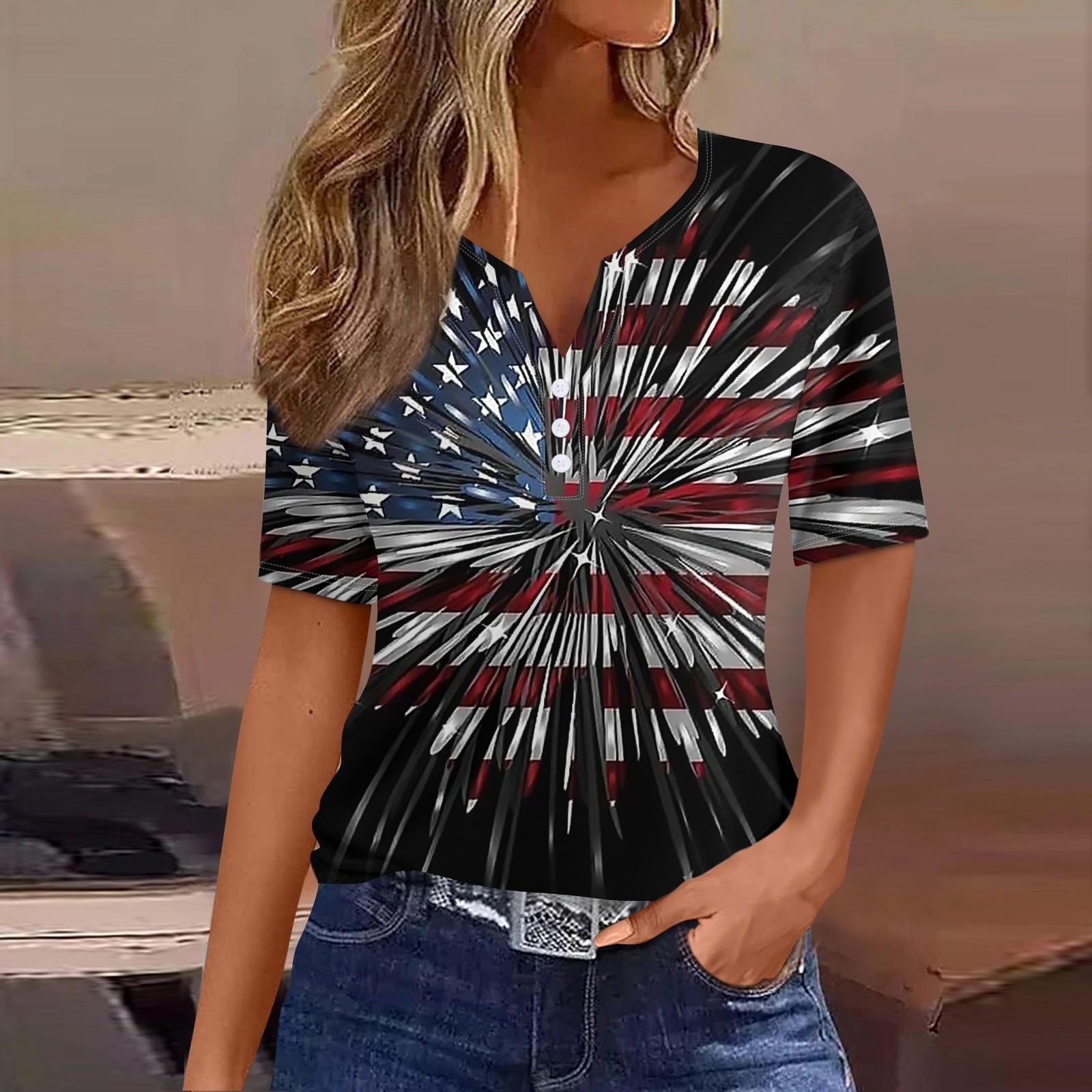 

Жен. Футболка Футболка День независимости С принтом Пуговицы С короткими рукавами Повседневные Выходные Мода Классический Классический V-образный вырез Обычный Топ L чёрный