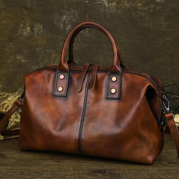 Johnature Echtes Leder Handtasche Retro Volltonfarbe Große Kapazität Damen Tasche Vielseitige Schulter Umhängetaschen