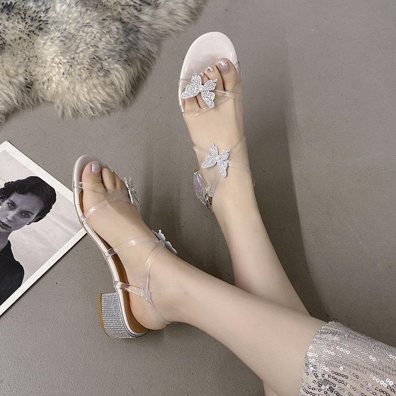 High heels female summer 2025 new fairy wind rhinestone bow round head open toe thick heel versatile sandals female