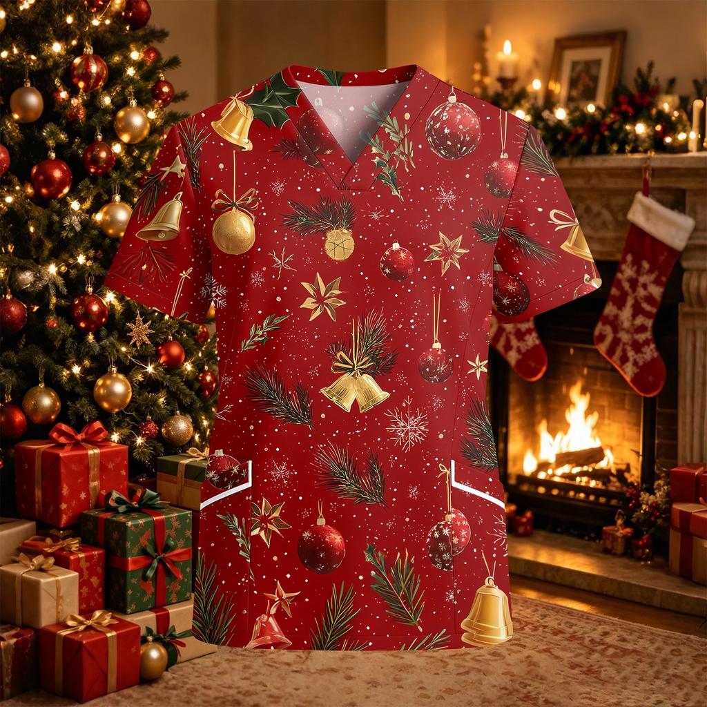 Damen Arbeitshemd mit V-Ausschnitt, kurzen Ärmeln, Taschen und Seitenschlitzen, Weihnachtsdruck