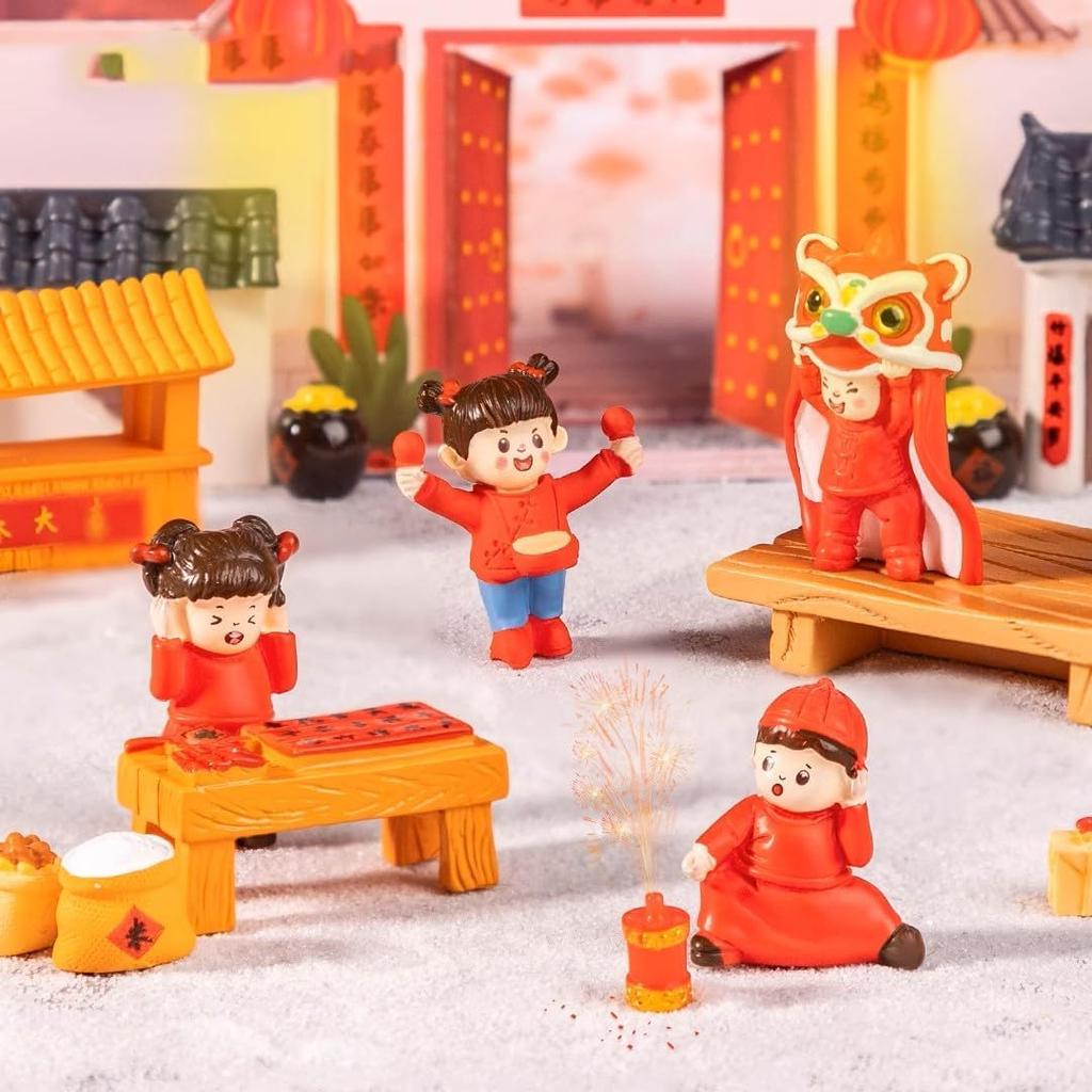 Pinenjoy Chinese New Year Figurine Miniature New Year Auspicious Resin Miniature Set Featuring Dancing and Red Traditional Lucky Gifts for Chinese New