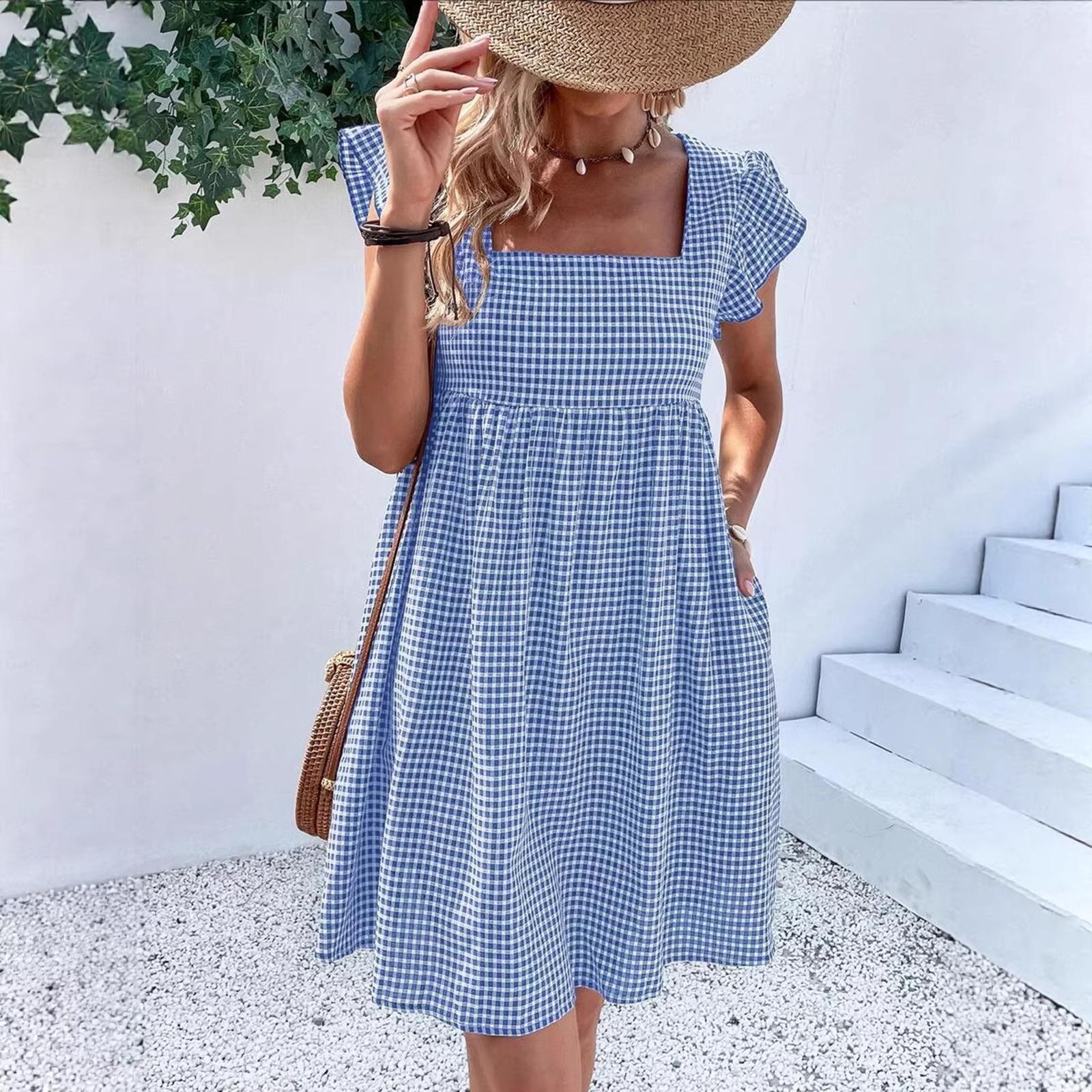 

Women’s Ruffle Sleeve Square Neck High Waist Dress with Loose Fit and Soft Fabric for Everyday Wear S синий