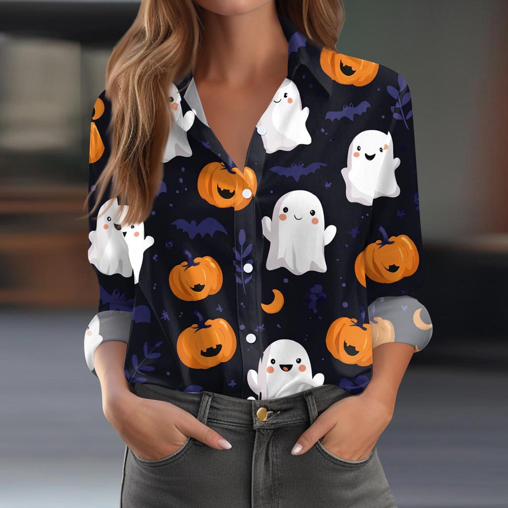 Women's Halloween Printed Casual Half-Open Collar Long Sleeve Shirt
