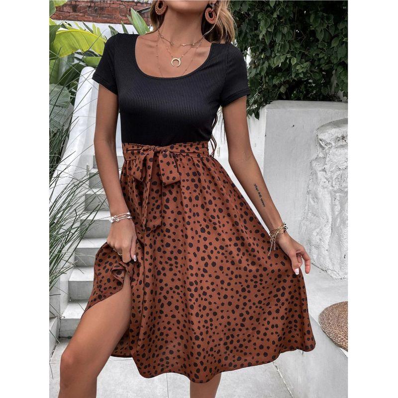 

Fashion Style Summer New Arrival Fashion Elegant Slim Looking Polka Dot Print Short Sleeve Hong Kong Style Dress Women s Waist-Tight Long Skirt Brown L