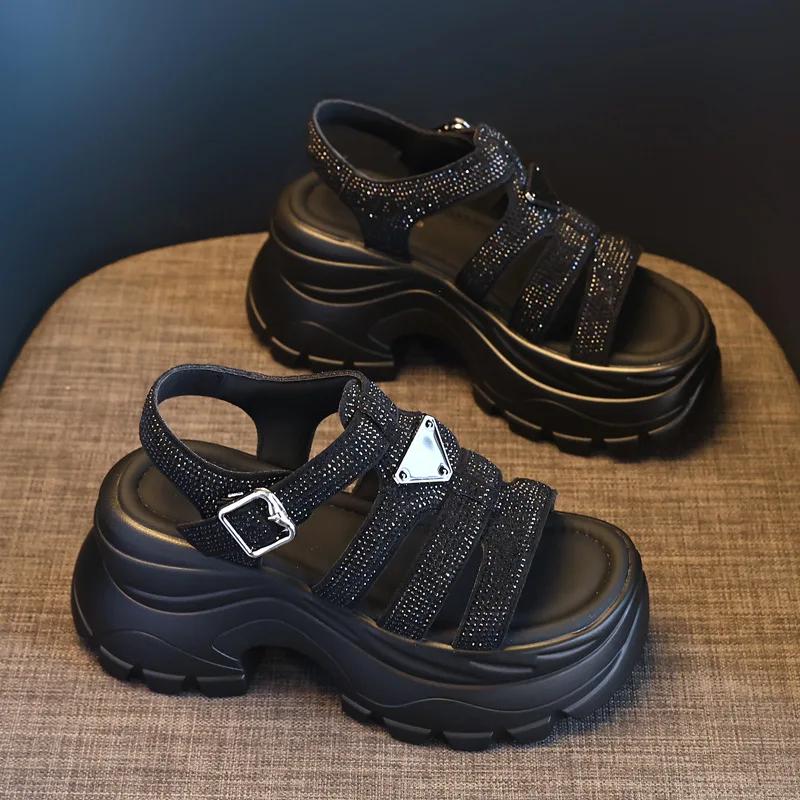 Fashion High Quality 8CM Synthetic Microfiber Leather Women Sandals Flats Chunky Sneakers Hollow Bling Vulcanize Platform Wedge Shoes