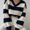 2024 Autumn/Winter V-neck Cable Knit Color Block Striped Sweater
