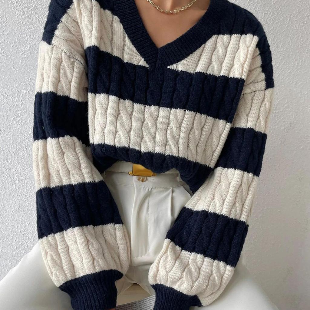 2024 Autumn/Winter V-neck Cable Knit Color Block Striped Sweater