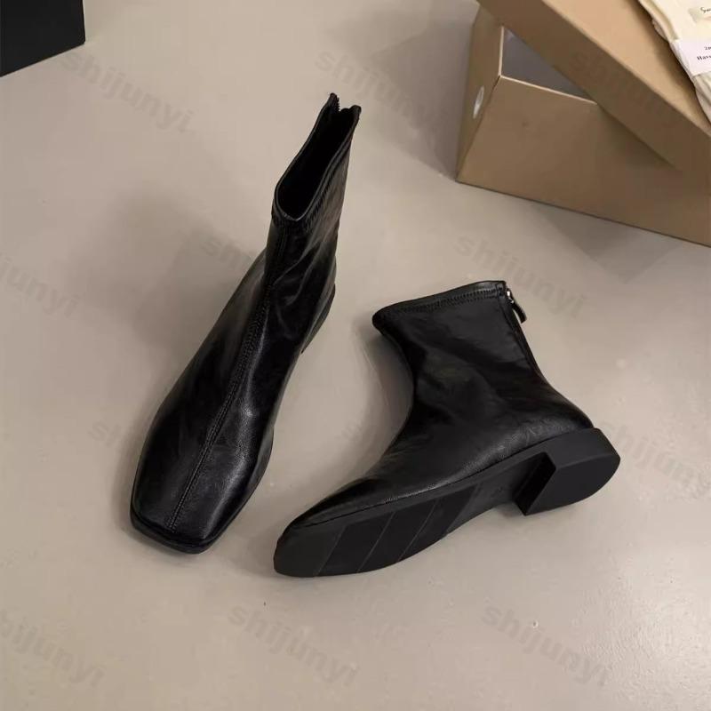 Women Ankle Boots Spring Autumn Fashion Square Toe Short Boot Ladies Casual Low Heel Shoes Leather Flats Shoes Mujer Botas