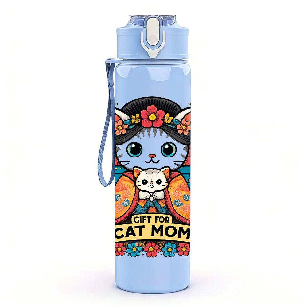 1PC Colorful Cat Mom Art 750ml Color Plastic Sports Water Bottle Leakproof Flip Straw Lid Suitable for Sports Office Home Use