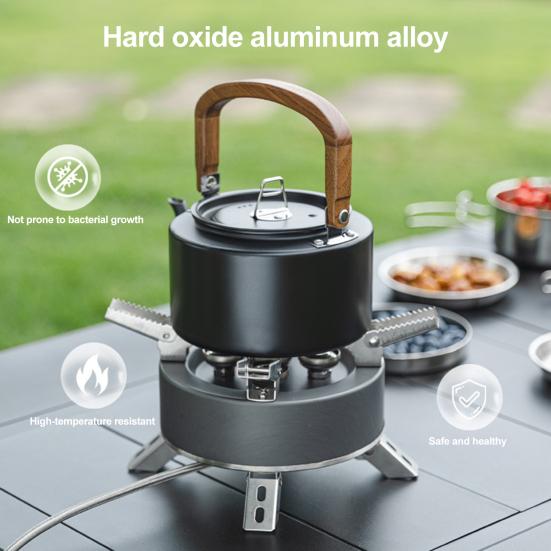 1.2L Aluminum Alloy Camping Kettle with Anti-Scalding Wooden Handle Portable Lightweight Outdoor Traveling Hiking Picnic Coffee Pot Tea Kettle