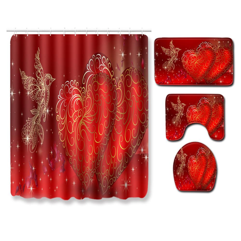 Valentine'S Day Toilet Shower Curtain Four-Piece Printed Floor Mat Set Bathroom Floor Mat Bedroom Absorbent Door Mat Carpet