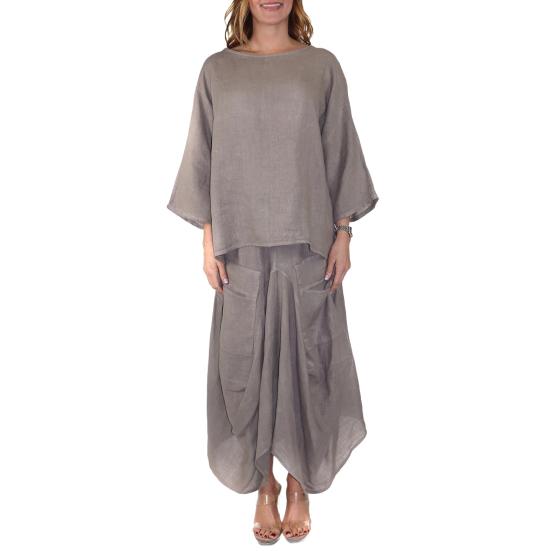 

Женский комплект из хлопка и льна, 2 предмета, блузка с круглым вырезом и рукавом 3/4, асимметричная юбка миди, летний повседневный домашний наряд S хаки