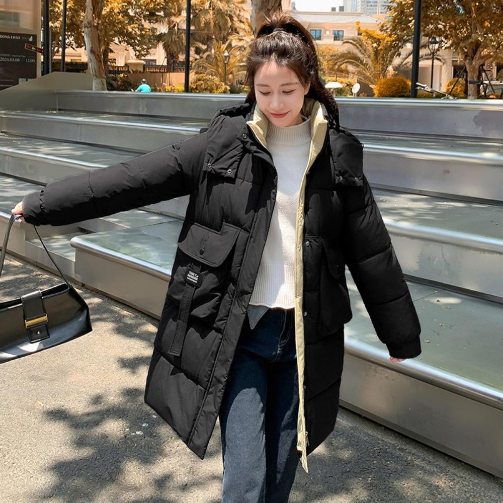Winter new Korean version hooded medium and long contrasting colors loose thickened padded jacket jacket padded coat women