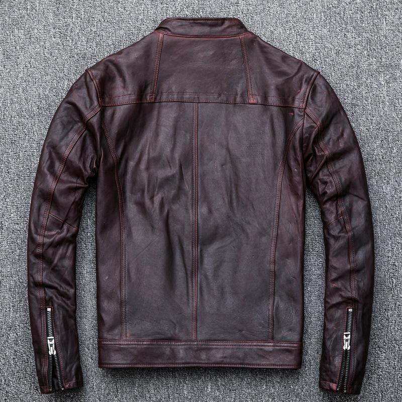 Men's Genuine Leather Jacket Burgundy First Layer Sheepskin Stand Collar Motorcycle Leather Jacket