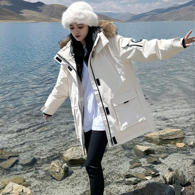 Roupa de Trabalho Outono e Inverno com Gola de Pele, Jaqueta Parker de Algodão com Penas, Jaqueta de Algodão Moda Americana, Jaqueta Quente Média a Longa, Roupa Exterior de Algodão Casual