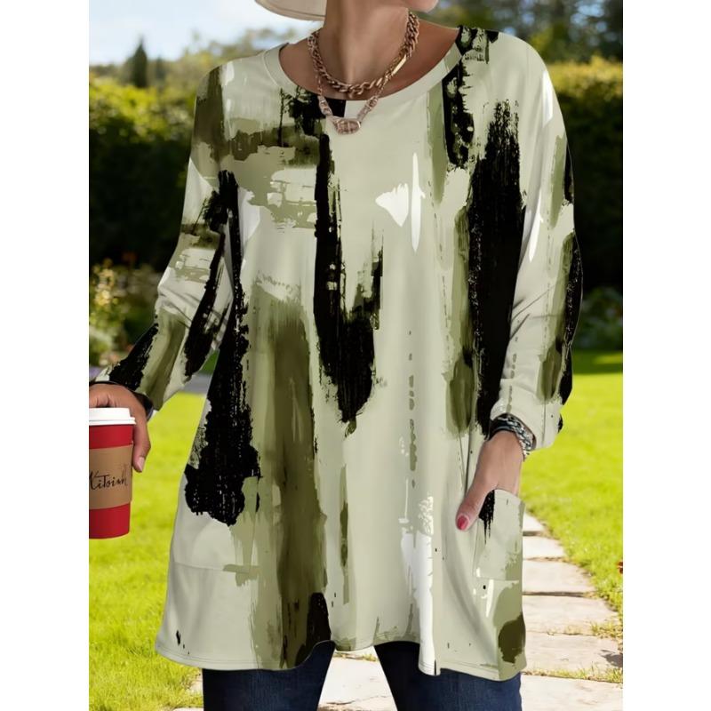 Women's Long-sleeved Round-neck T-shirt, Suitable for Spring, Autumn and Winter Seasons. It Has Pockets and Print Designs. Machine Washable.