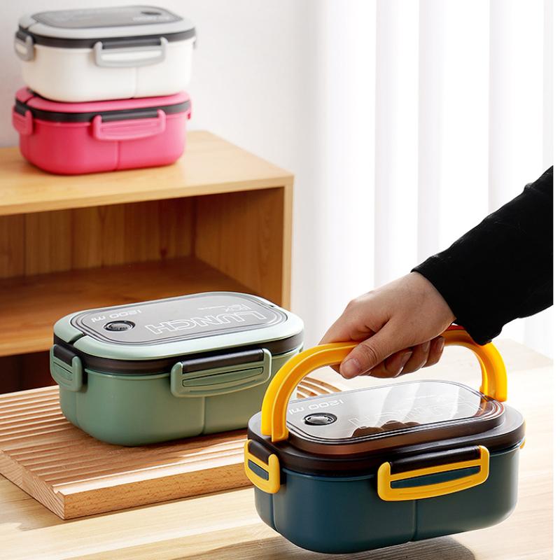 1200ml 3 Grids Plastic Compartment Bento Boxes with Fork and Spoon Multiple Layers Kid's Lunch Box Office Worker Tuppers Food