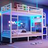Bunk Bed, 90 X 200 Cm, Iron Frame, Storage Compartment, Desk, with LED Light Strip, USB Port, Safety Rails, Ladder, Without Mattress, White