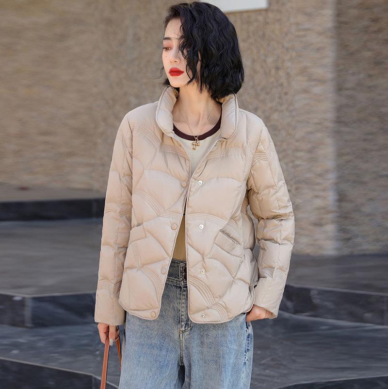 Down Jacket Women's Autumn and Winter Short Stand-up Collar Plaid Solid Color Western Style White Duck Down Women's Warm Jacket