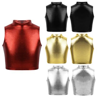 Kinder Mädchen Metallic Rollkragen Ärmellos Crop Top Ballett Tanz Bühnen Performance Workout Top