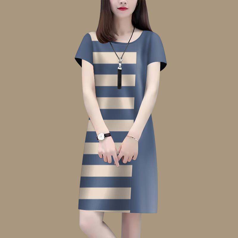 2025 Summer Loose Fit Ladies Round Neck Short-sleeved Dress Korean Style Striped Printing Fashion A-line Mid-length Dress