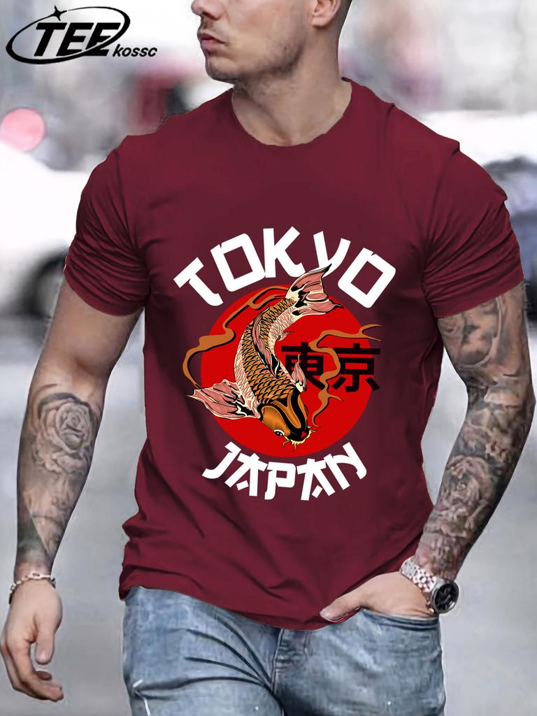 Harajuku Tokyo Japan Koi Fish Design Men TShirts Fashion Short Sleeve AllMatch Cotton Soft T Shirt Summer Unisex Loose Clothes