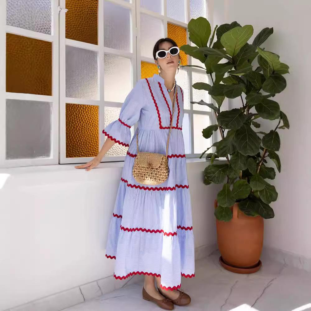 Women s commuter dress, casual pleated lace trim seven-quarter sleeve loose and elegant beach vacation dress S