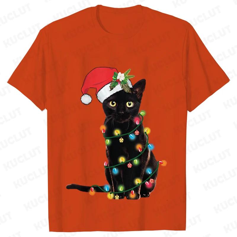 Fashion Trendy T Shirt Short Sleeve Tees for Unisex Funny Christmas Lights Cat T Shirts Female Korean Casual Streetwear Tshirt