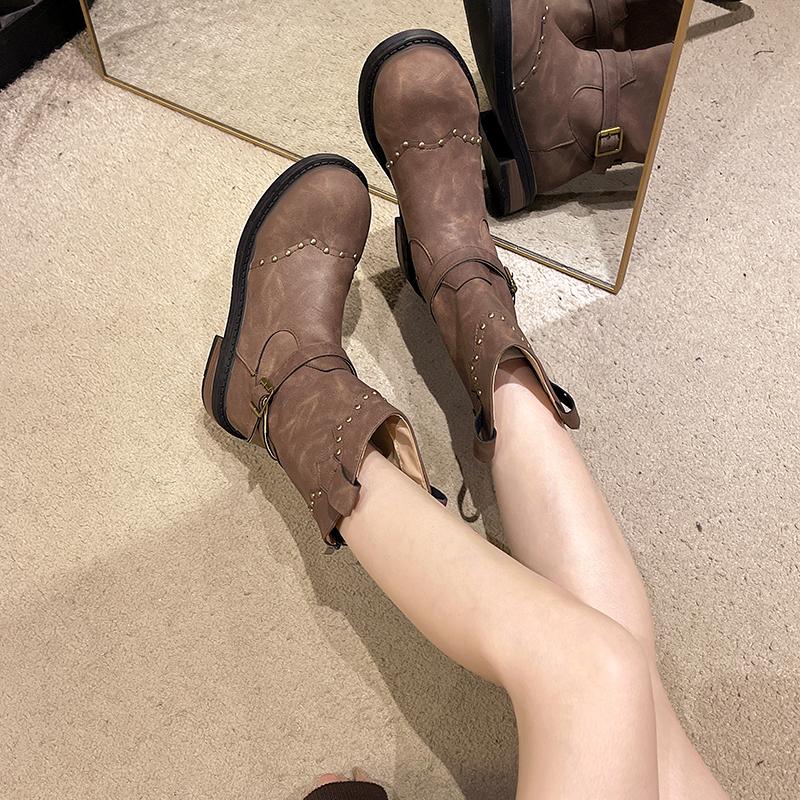 Fashion Autumn V-rivet Belt Buckle Ankle Boots 2024 Warm English Heel Plus Fleece Knight Vintage Boots