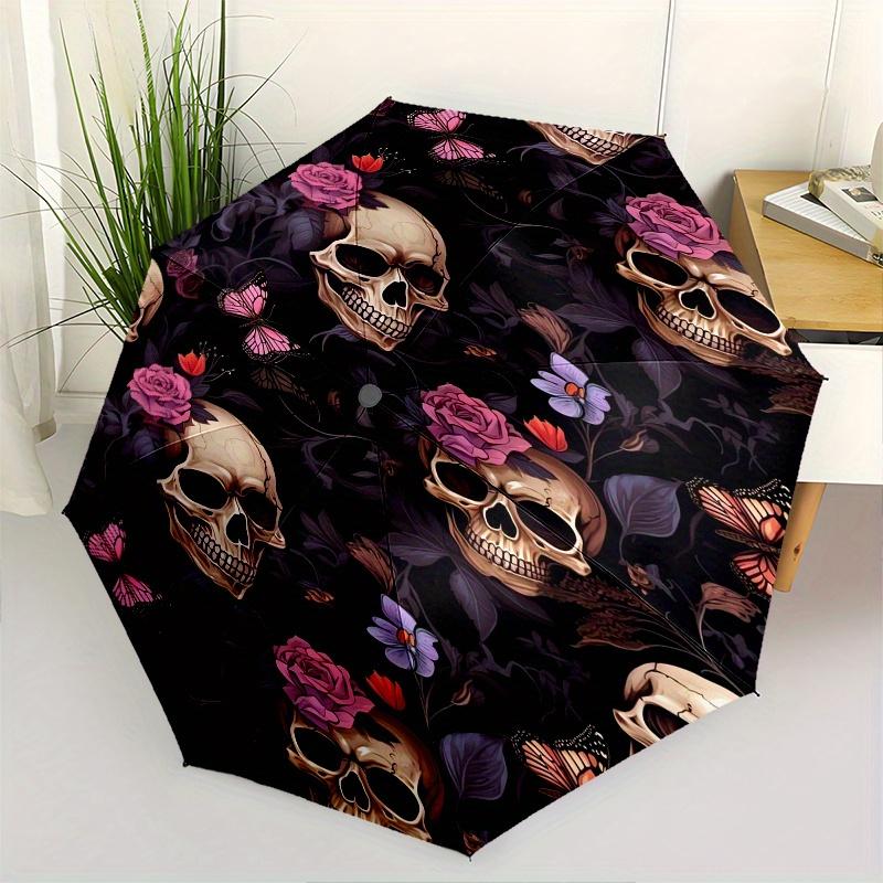 Rose Skull Automatic Folding Umbrella 8 Ribs, Durable Iron Frame, Bright Color Pattern Compact Travel Umbrella, Suitable for Outdoor, Beach