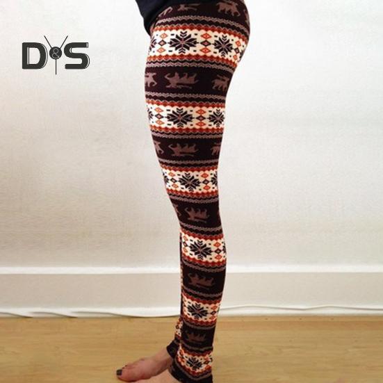 Høst Vinter Leggings Elg Snøfnuggtrykk Skinny Høy midje Stor Elastisitet Rumpe løftet Tykk Varm Myk Jul Langbukser Bunnbukser
