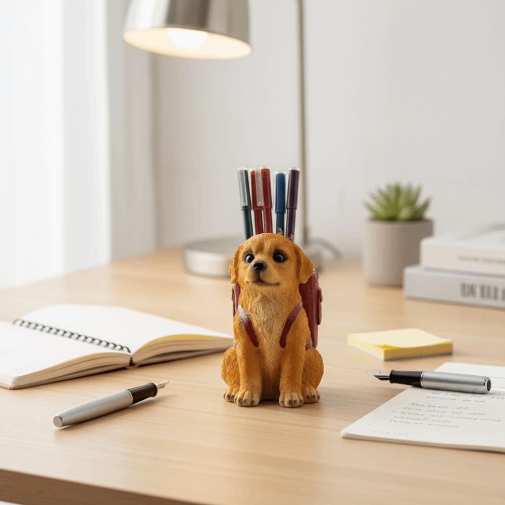 Cute Design Golden Retriever Dog Pen Holder Creative Sculpture Resin Craft Pen Holder Large Capacity Cartoon Style