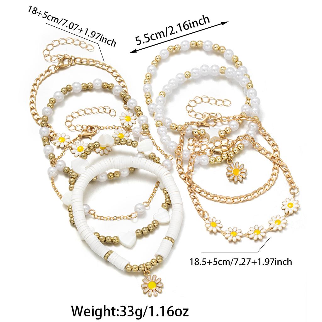 9-piece Bohemian Style Oil Drop Daisy Pendant Bracelet, Multiple Layered Soft Ceramic Flower Imitation Pearl Bracelet Set