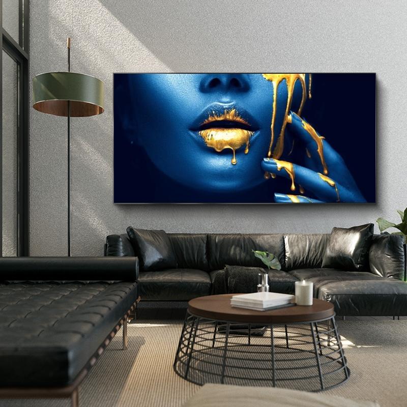 Sexy Gold Lips African Woman Canvas Paintings On The Wall Art Posters And Prints Half Face Black Girl Pictures For Living Room