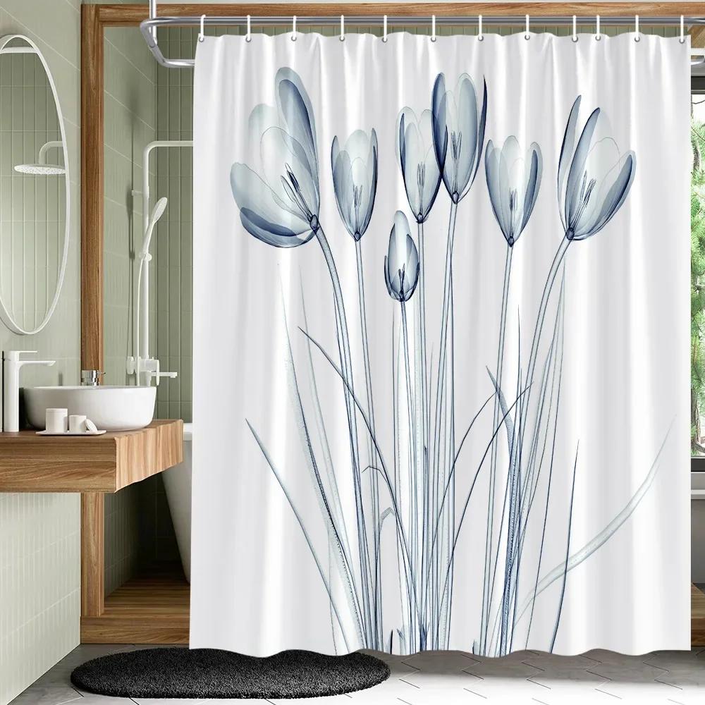 Plant Leaves Flower Bath Curtains Set Garden Floral Drum Tower Fabric Bathroom Decor Splash Resistant Partition Bath Curtains