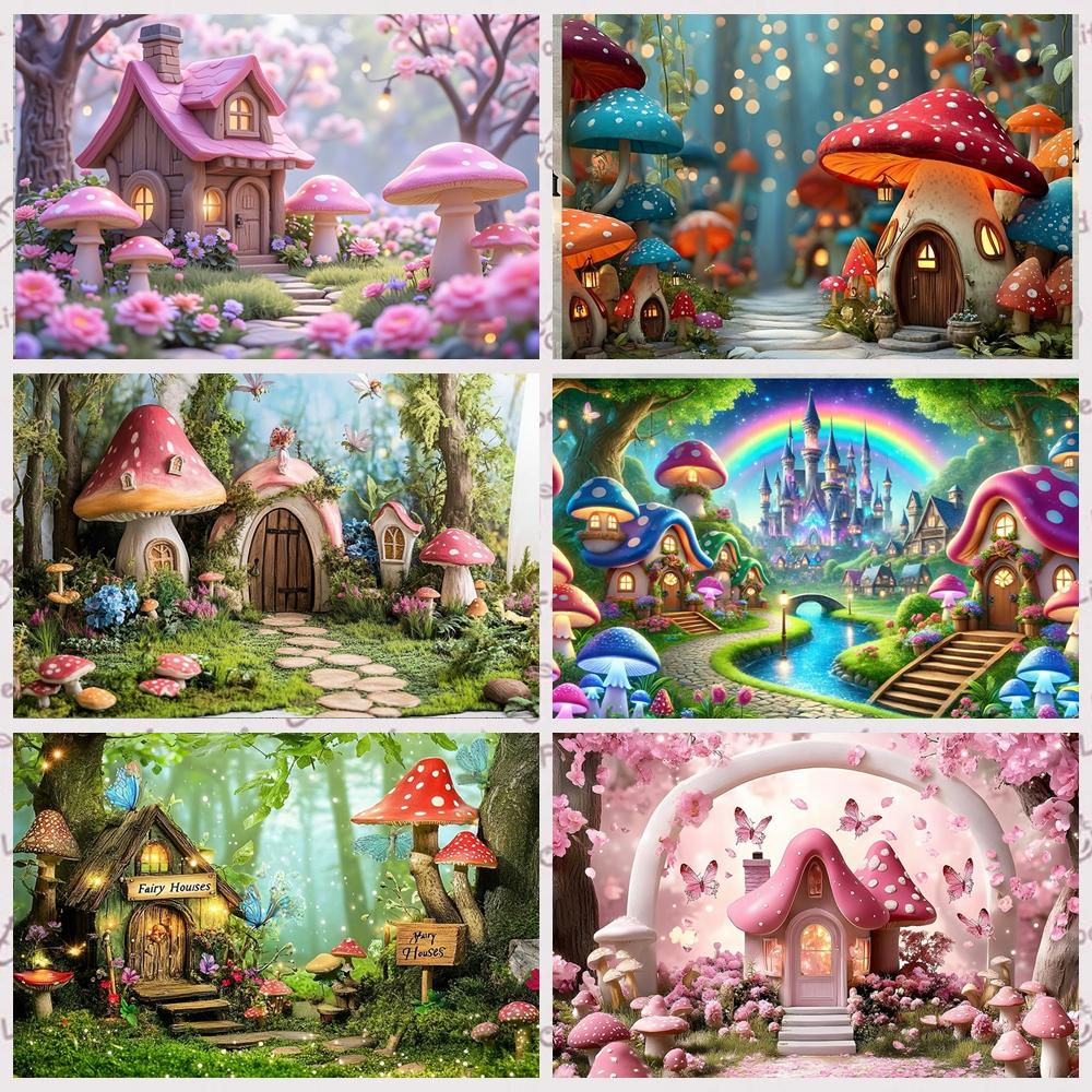 Fantasy Märchenwald Fee Pilzhaus Hintergrund Mädchen Geburtstagsparty Dekoration Zimmerposter Nachttischsofa Hintergrund Requisiten