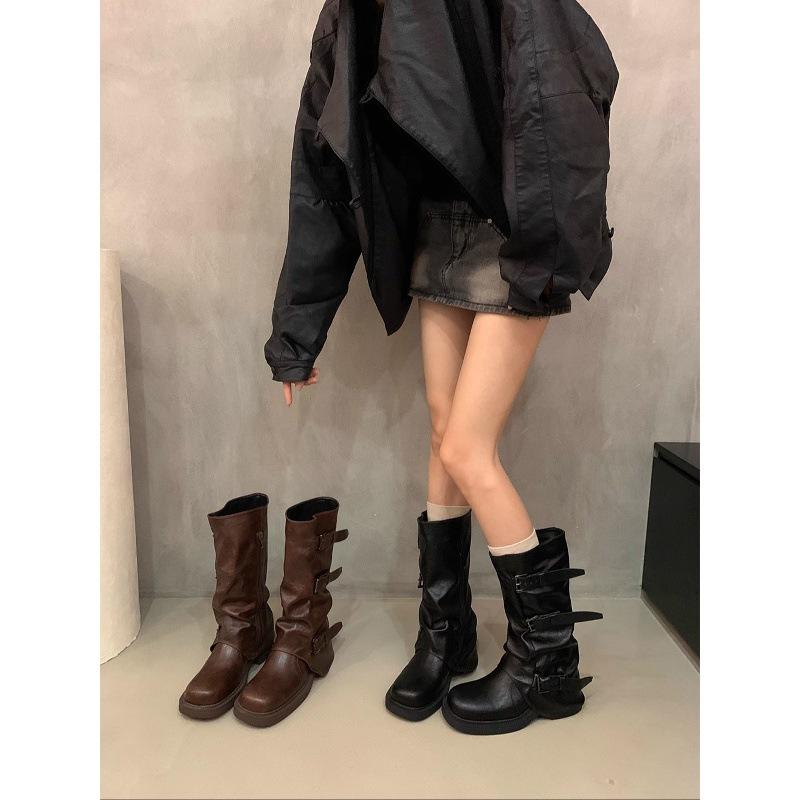 Cowhide Niche Retro Thick Heel Mid-height Boots Western Cowboy Pile Boots Knight Boots Martin Boots French Women's Boots