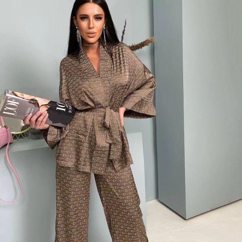 Fashion Satin Cardigan Shoelace Printed Loose Top Pants Suit Homewear Top and Pants Suit