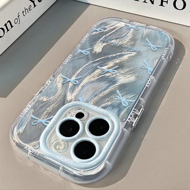 Feather puff Apple 17promax mobile phone case Korean sweet wind blue bow all-inclusive drop-resistant case