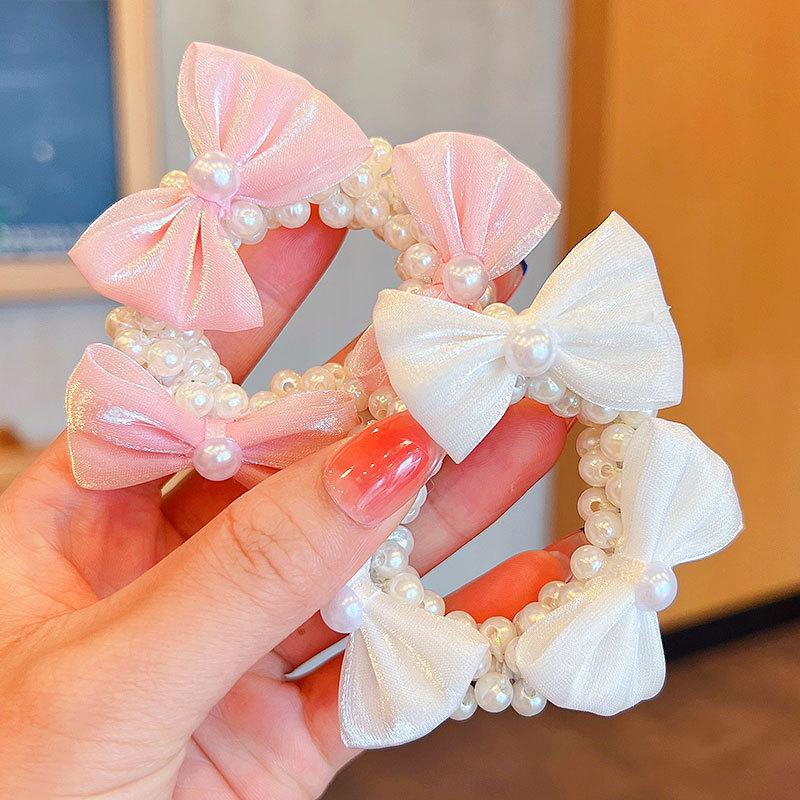 Pearl Bow Hair Tie for Girls - Sweet Flower Rubber Band Hair Accessory