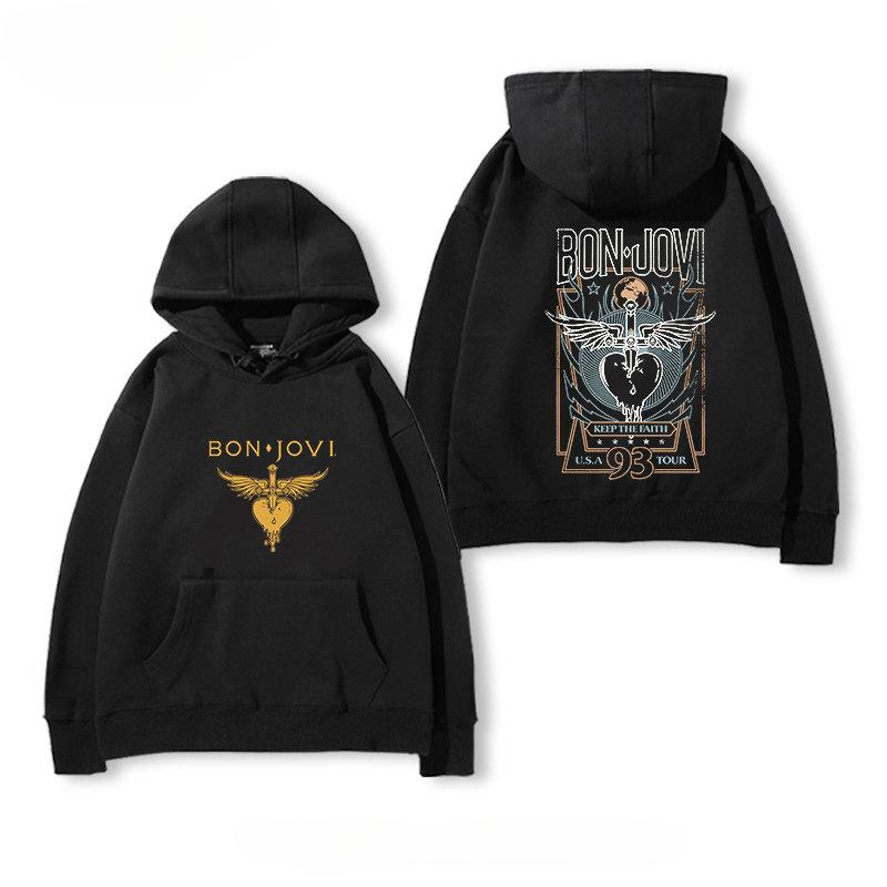 Bon Jovi Rock Band Hoodie Vintage Heart Dagger Print Pullover Sweatshirt Unisex Streetwear Hooded Tops for Men Rock Music Fans