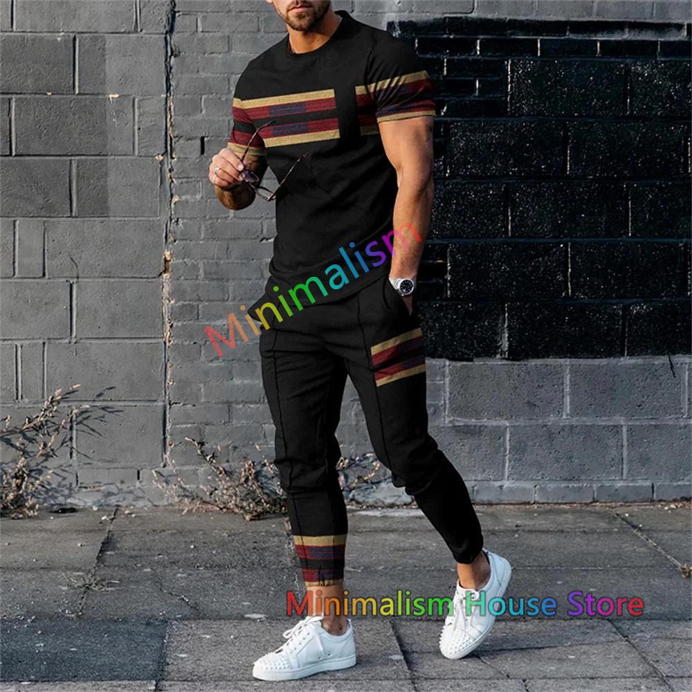 Fashion Men Trousers Tracksuit Stripe Printed Jogger Sportswear Short Sleeve T Shirt +Long Sweatpants 2 Piece Sets Men Clothes