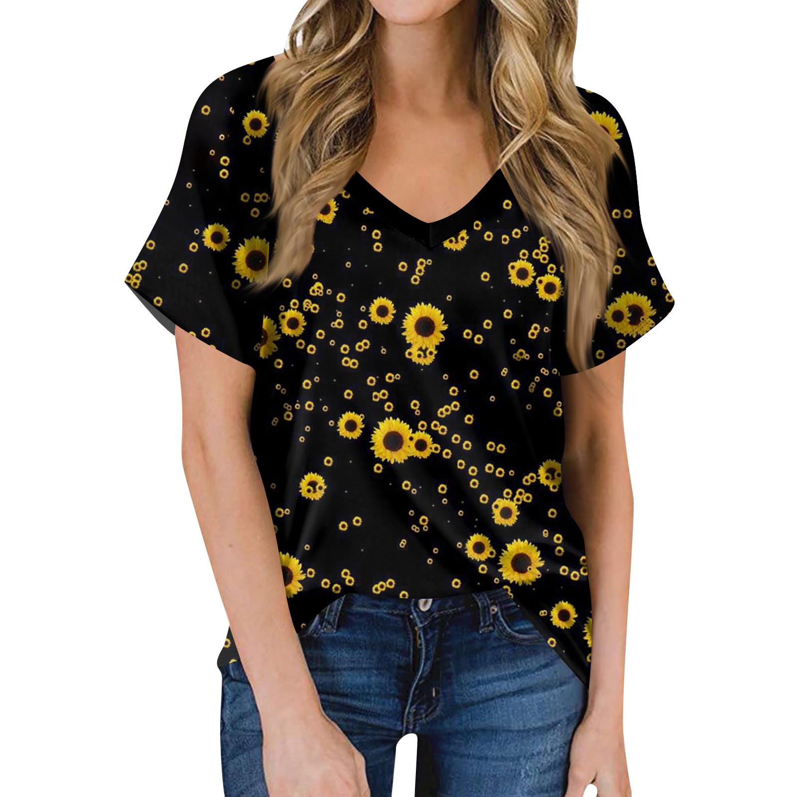 

Женская футболка с коротким рукавом и цветочным принтом подсолнечника, топ L чёрный